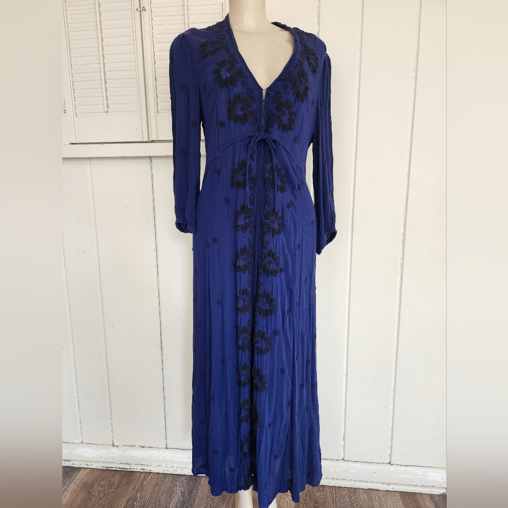 Free People Royal Blue Midi Dress with Black Floral Embroidery